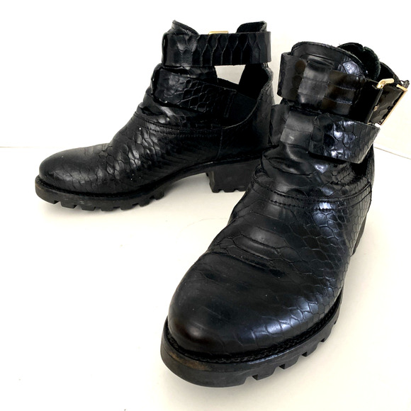 Miista Croc Embossed Ankle Boot Black Leather Round Toe Gold Buckle 37 6.5 - Picture 5 of 9